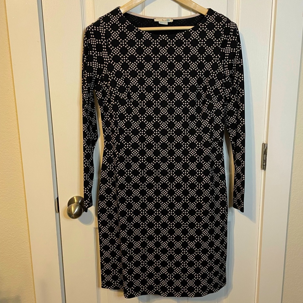 Boden black LS fitted sheath dress w/ ivory white dot pattern sz 8L